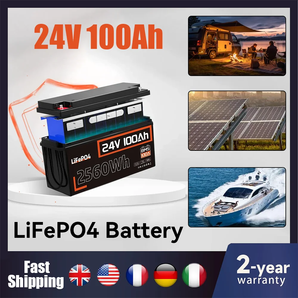 

24V 100Ah LiFePO4 Battery 15,000+ Cycles with 100A BMS - 2560W Solar Generator for RV/Marine/Off-Grid, CE/RoHS Certified