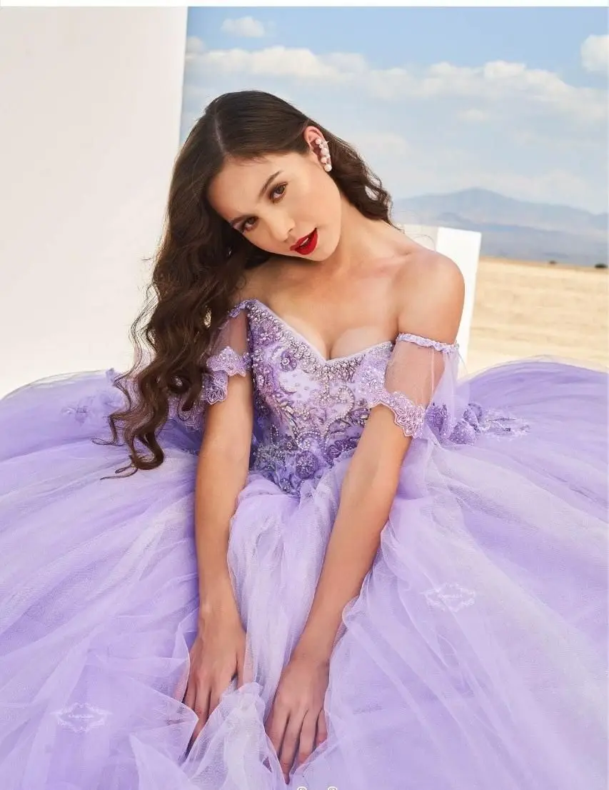 Lorencia-vestido De Quinceañera De lavanda, traje De baile con hombros descubiertos, apliques florales 3D, cuentas, tul dulce 16, 15 Años, YQD672