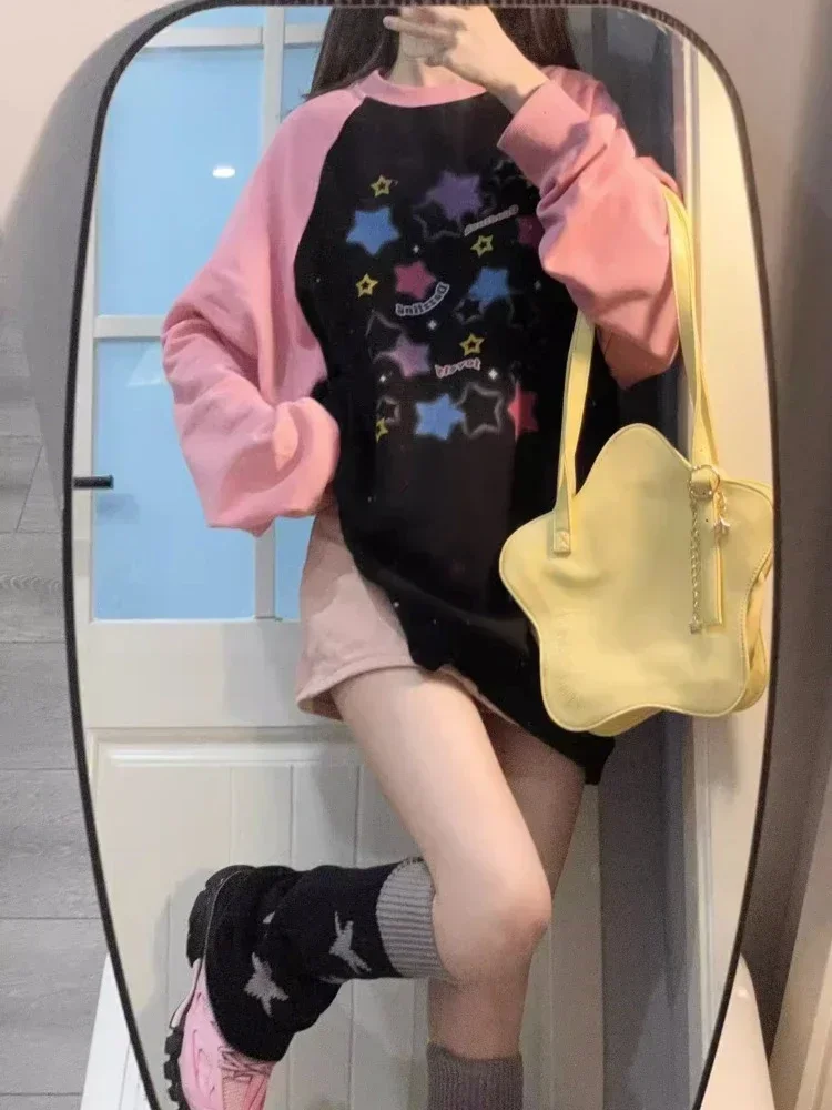 ADAgirl Frauen Stern Grafik Hoodies Y2K Ästhetische Raglanärmel Sweatshirt E-mädchen Übergroßen Harajuku Tops Cutecore Kawaii Kleidung