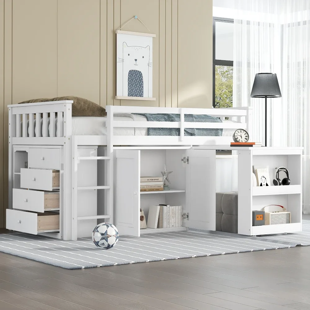 White Solid Wood Loft Bed with Desk and Drawers Modern High Sleeper Bed Frame Space Saving Study Bed for Kids Boys Girls Bedroom