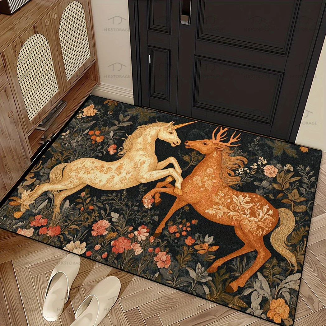 VIKAMA Vintage Animal Floor Mat Medieval Unicorn Deer Floral Art Pattern Anti‑Slip Washable Doormat Entryway Home Decor Rug