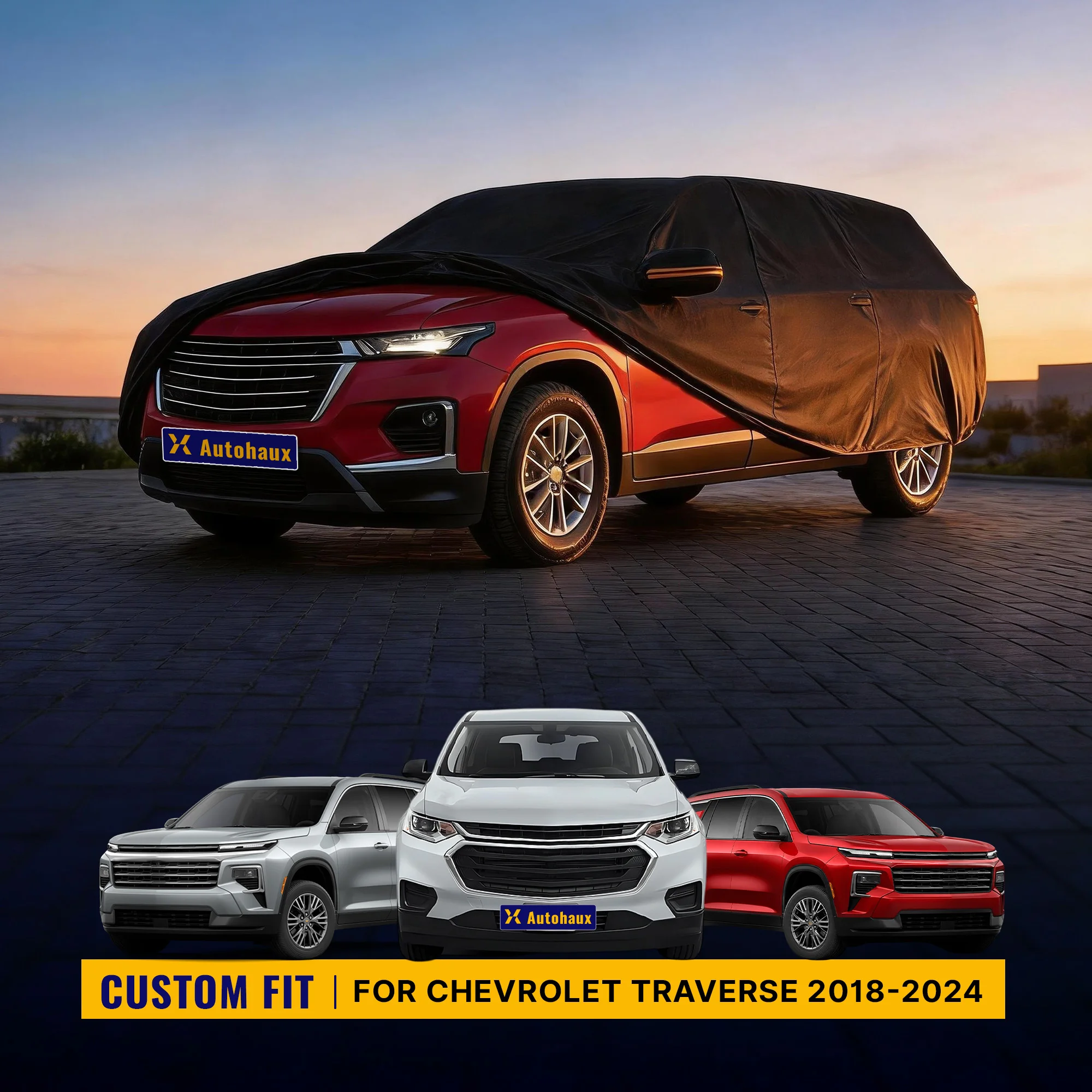 X Autohaux Waterproof 210D-PU Oxford Exterior Car Cover for Chevrolet Traverse 2018-2024 Black