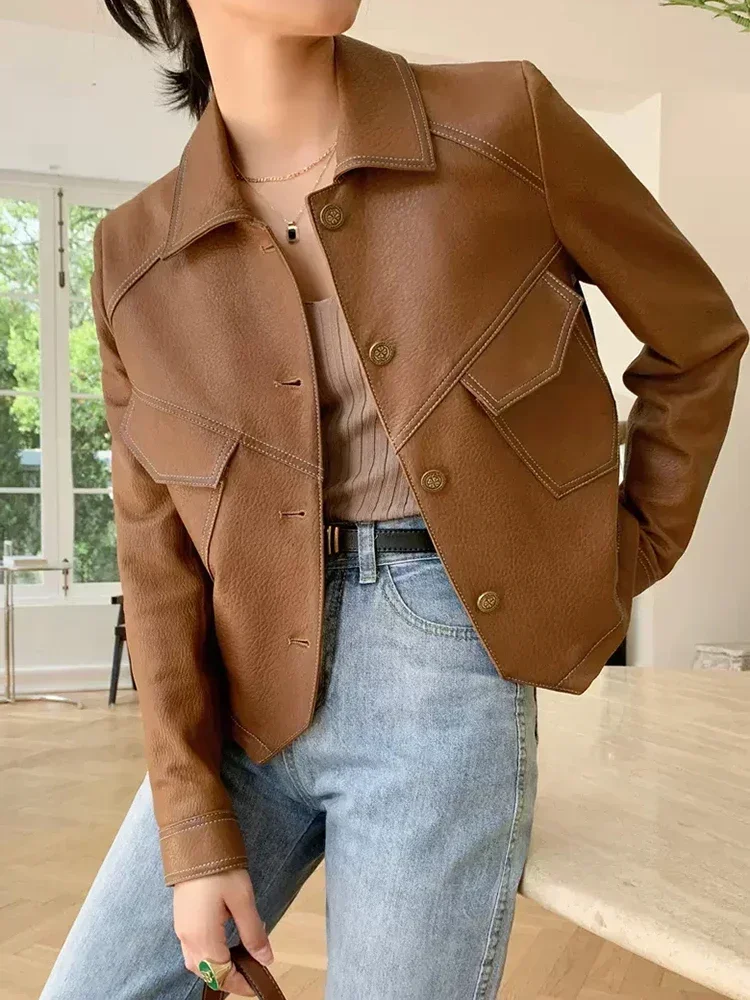 

Casual Short Genuine Leather Jackets for Women Spring Autumn 2026 New High-end Simple Slim lychee Texture Real Sheepskin Coat