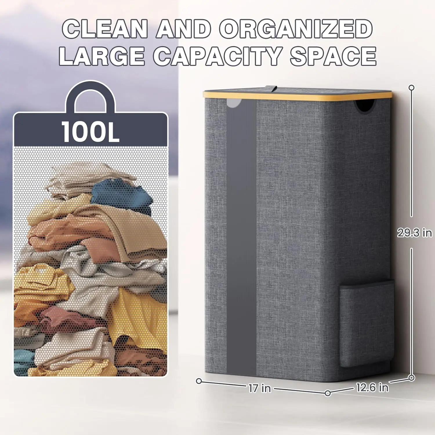 100L Laundry Hamper with Lid & Removable Mesh Bag, Breathable Design for Bedroom Bathroom Dorm Storage - Light Grey