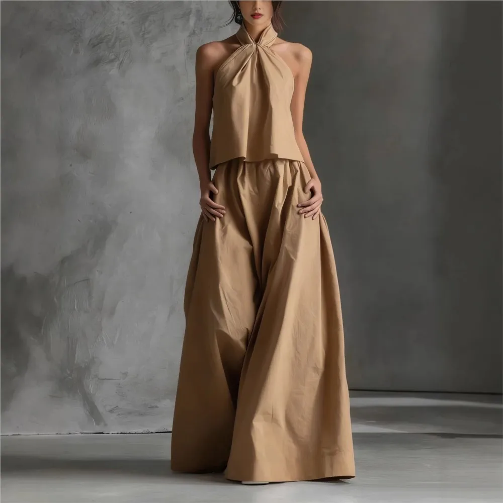 

Sleeveless Top + Wide-leg Pants 2-piece Set Summer Women's Solid Color Loose Sexy Halterneck Trousers Set Conjuntos Femininos