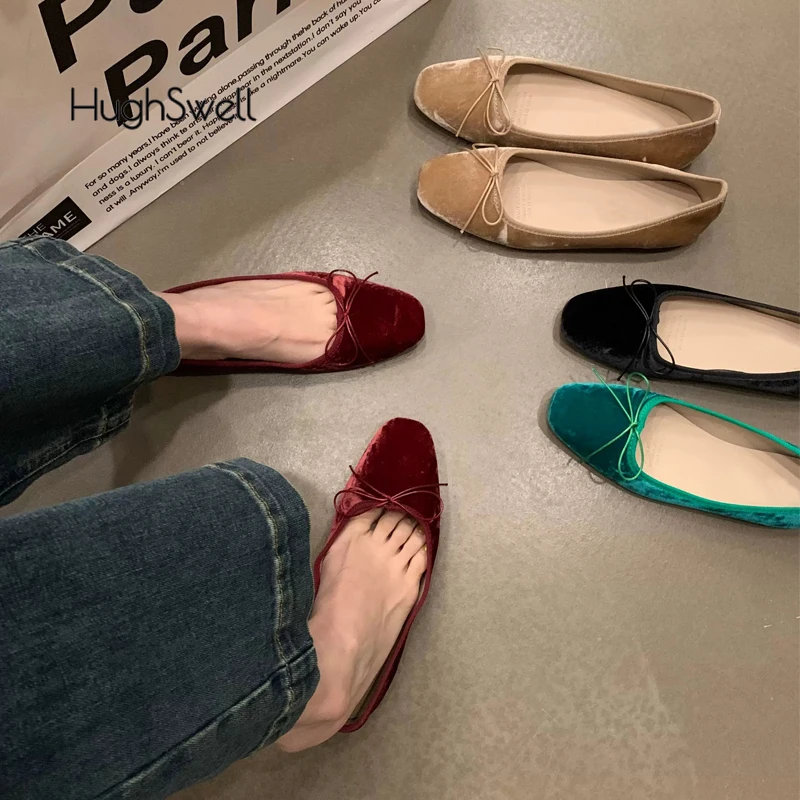 Elegant Velvet Ballerina Shoes Woman  Luxury Velour Ballet Flats Ladies Retro Round Toe Bowknot Shallow Loafers  In Red Green