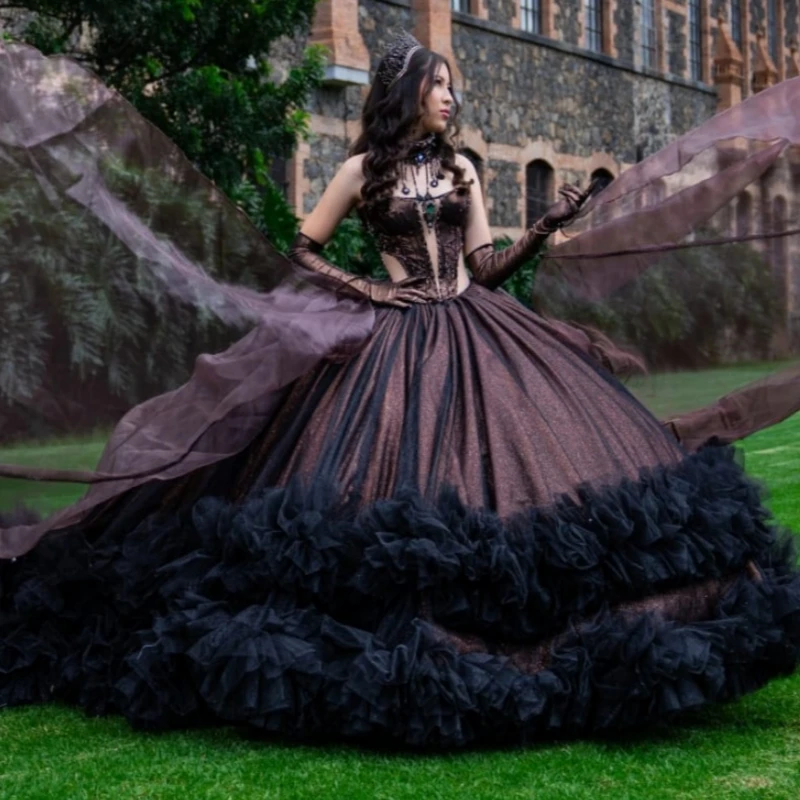 

Black Shiny Quinceanera Dresses Off The Shoulder Beading Tiered Tull Party Birthday Sweet 16 Dress Vestidos 15 De Anos