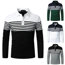 Camisa a rayas de negocios con cuello de solapa para hombre, camisetas informales de manga larga, camisetas deportivas, jerséis con botones de entrenamiento deportivo