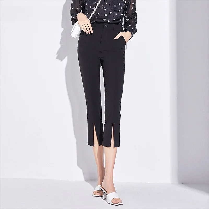 

Dailanzhi Spring New Pure Color Bla Commute Women's Pants Simple OL Design Long Pants High Waist Flared Legs Casual Sle