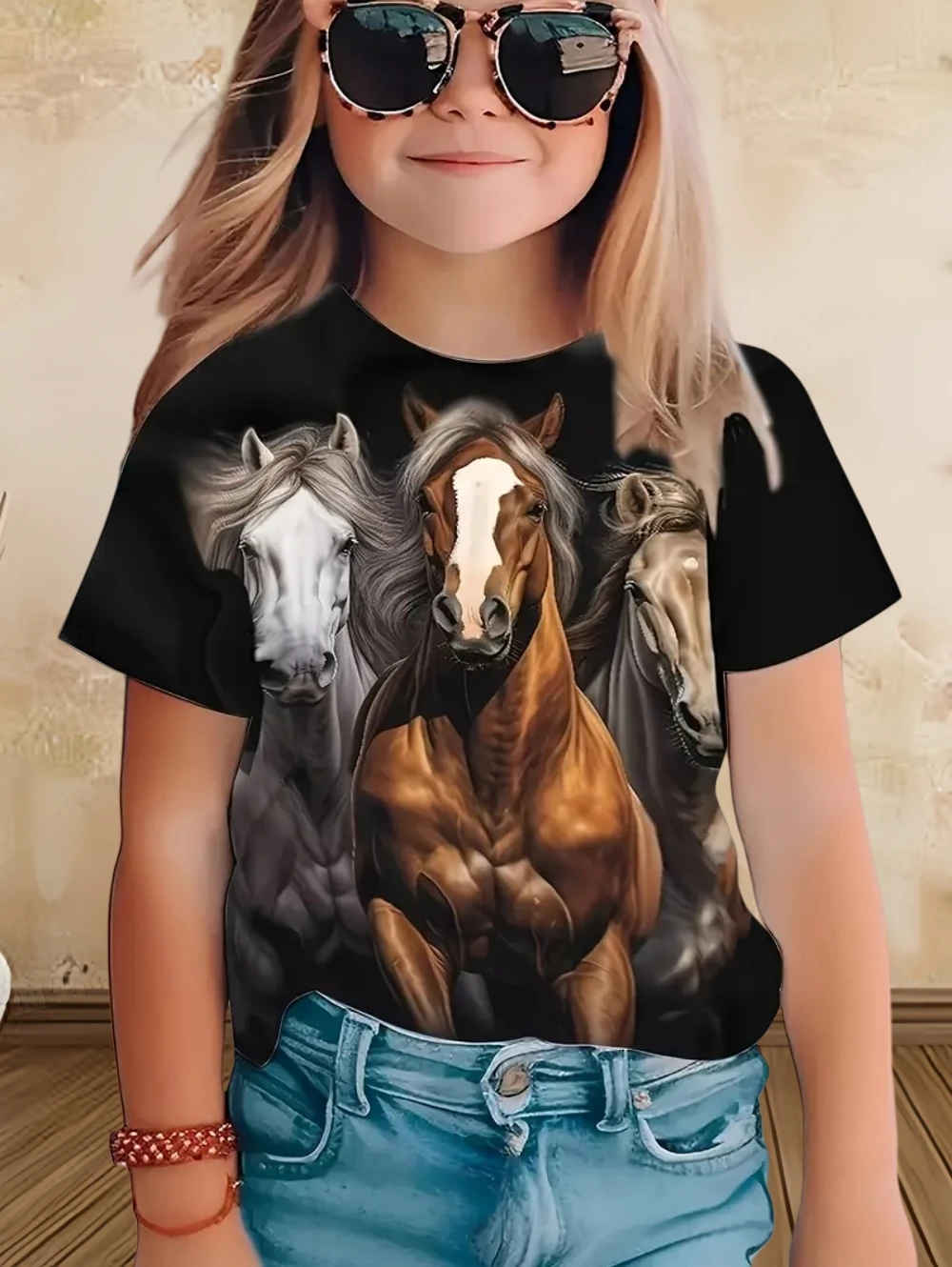 

Children's Clothing Girl Clothes Short Sleeve Boys T-Shirt Casual Vintage Horse Print Kids Summer Clothes Girl Tops O-Neck Tee﻿