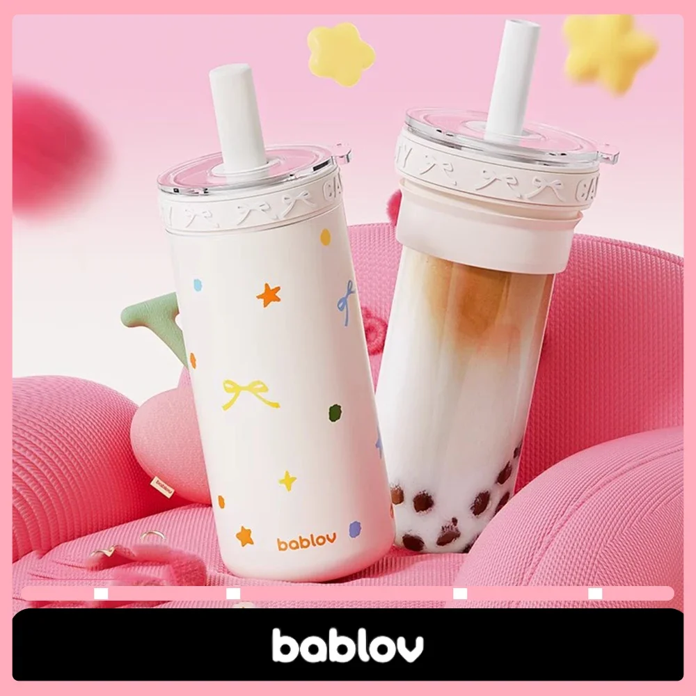 Bablov Straw Integrated Water Cup Heat Preservation Portable 550ml Stainless Steel Inner Liner Container Cup Outdoor Girl Gifts