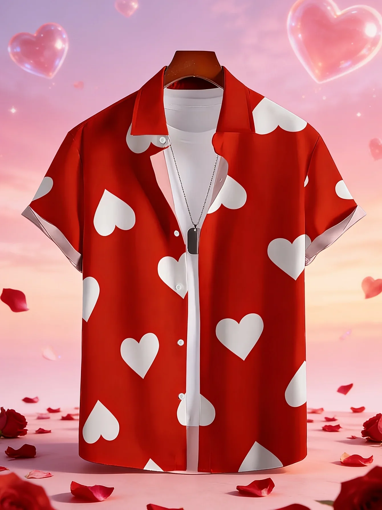 Date Holiday Casual Shirt Multi Style Men Bright Red Large White Heart All Over Print Short Sleeve Beach Top