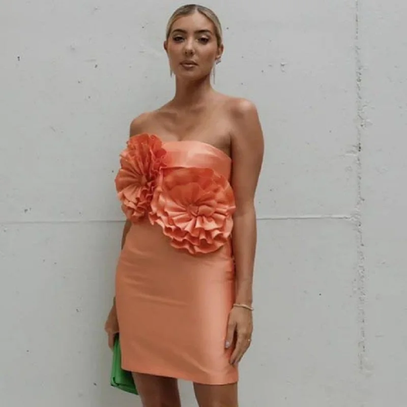 

Strapless Mini Dress Handmade Women Clothing Flowers Dresses Sexy Party Dress Bodycon Dress For Woman Elegant Satin Casual Gown