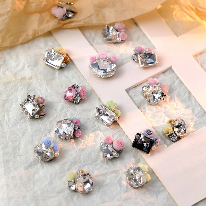 5PCS 3D Nails Accessories Pink Rose Crystal Pearl Pile Drill Handmade Tip Bottom Charms  Manicure