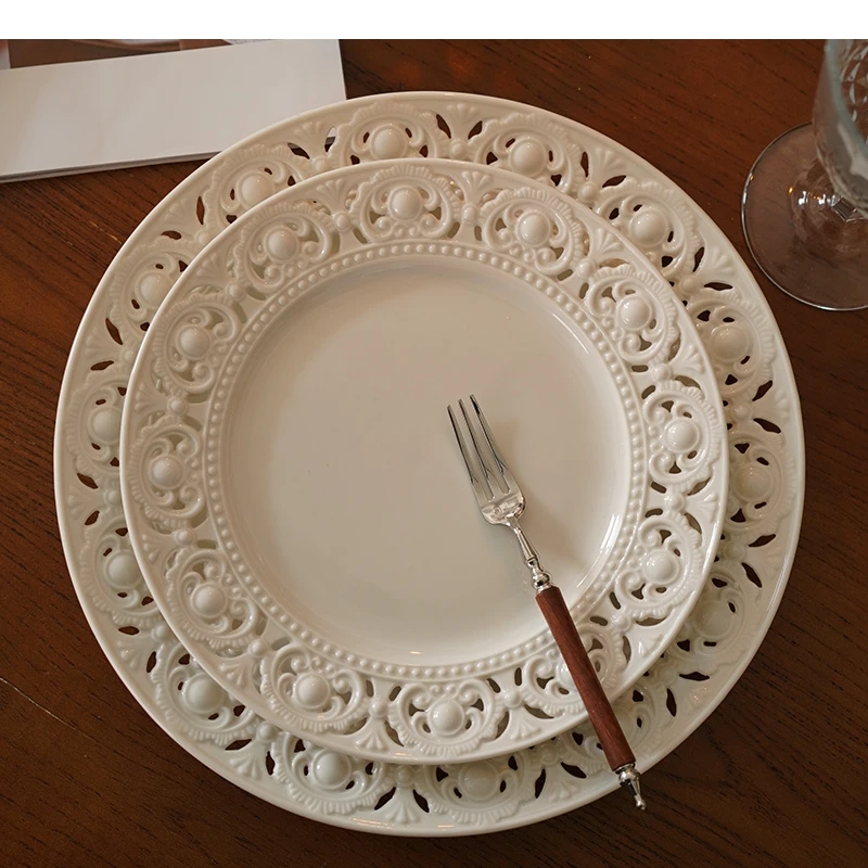European Style Hollow Relief Ceramic Salad Plate Restaurant Food Decoration Dishes Family Party Dessert Steak Tableware