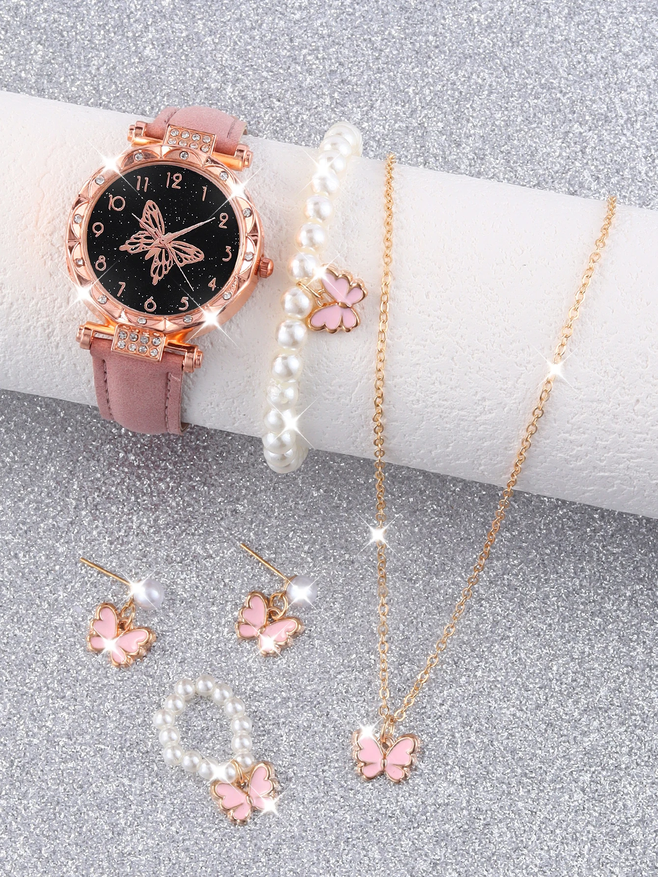 Pink Classic Lace Large Butterfly Ladies quartz watch with beaded butterfly necklace set analog watch gift everyday wear pieces