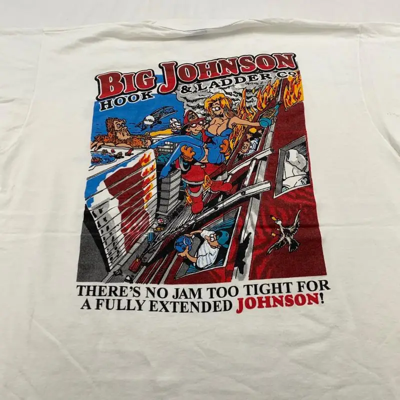 

Футболка Vtg 90-х годов Big Johnson Hook Ladder No Jam Too Tight Firefighter Joke Xl