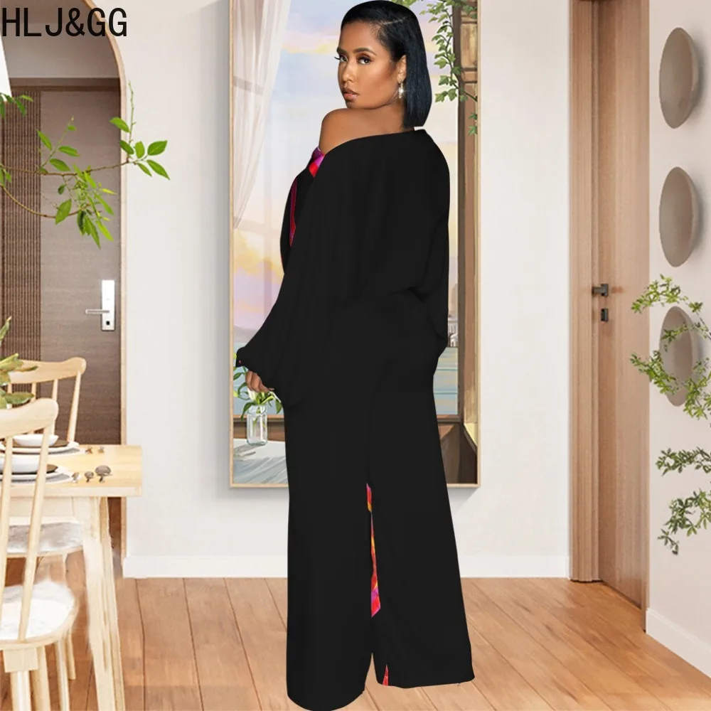 HLJ&GG Elegant Lady Printing One Shoulder Long Sleeve Straight Jumpsuits Women Loose Wide Leg Pants One Piece Playsuits 2024 New