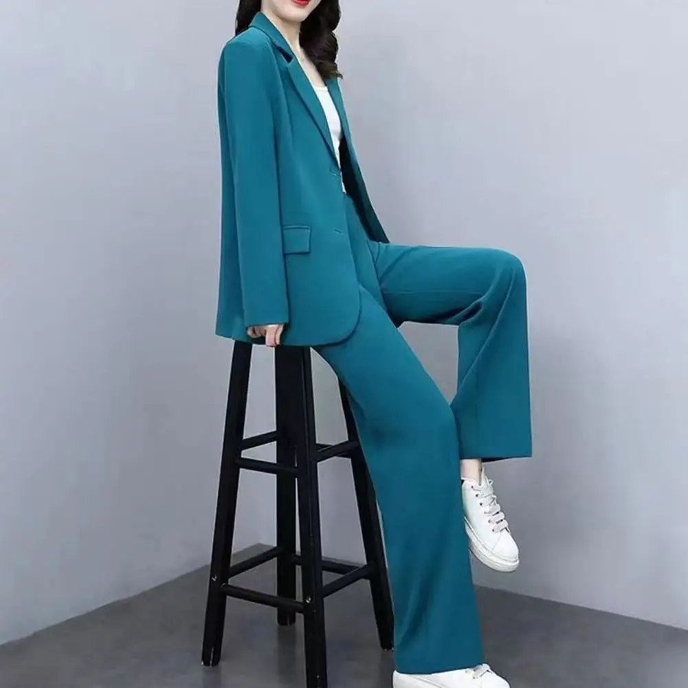 Womens Suits Fashion Single Buttons Business Blazer Solid Casual Coat Trousers 2 Pcs Set Office Ladies Wear Wide-Leg Pants