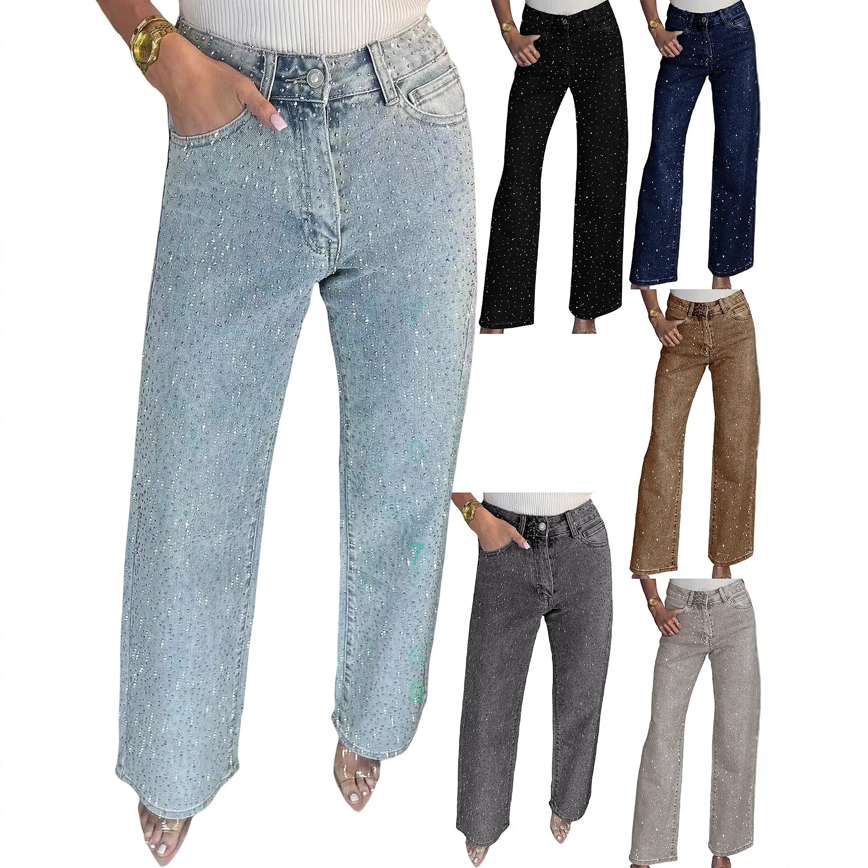 

Women Diamond Denim Jeans High Waist Straight Leg Pants Long Trousers Ripped Stretchy