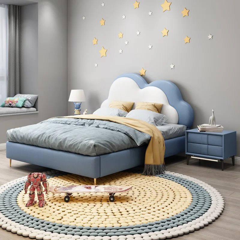 

New Design Kids Bedroom Furniture Cartoon Girls and Boys Wooden Single Bed Frame PU Upholstered Children's Bed