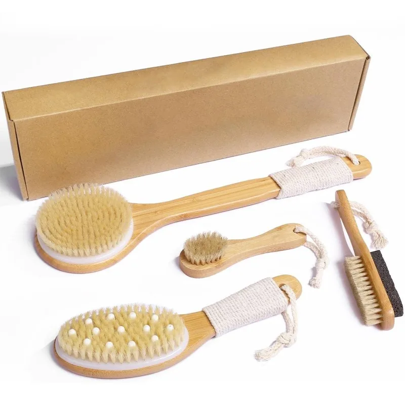 

4pcs Boar Bristle Body Brush Set Exfoliating Dry Body Brush Facial Massage Brush Dead Skin Remover Pumice Stone