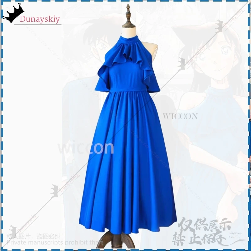 애니메이션 탐정 코스프레 Rachel Ran Moore Mouri 30 번째 의상 네이비 블루 라인 홀터 드레스 민소매 로리타 이브닝 드레스 가발