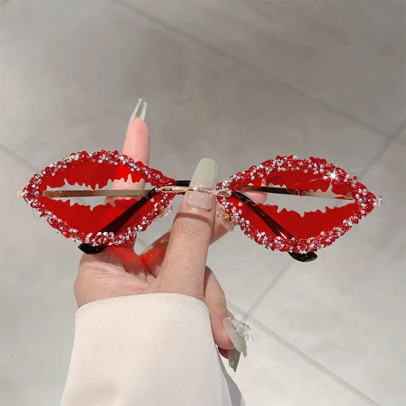 KAMMPT Rimless Lips Shaped Sunglasses with Rhinestones Trendy Women Stylish Vintage Decor Shades Trendy Funny Rave Sun Glasses