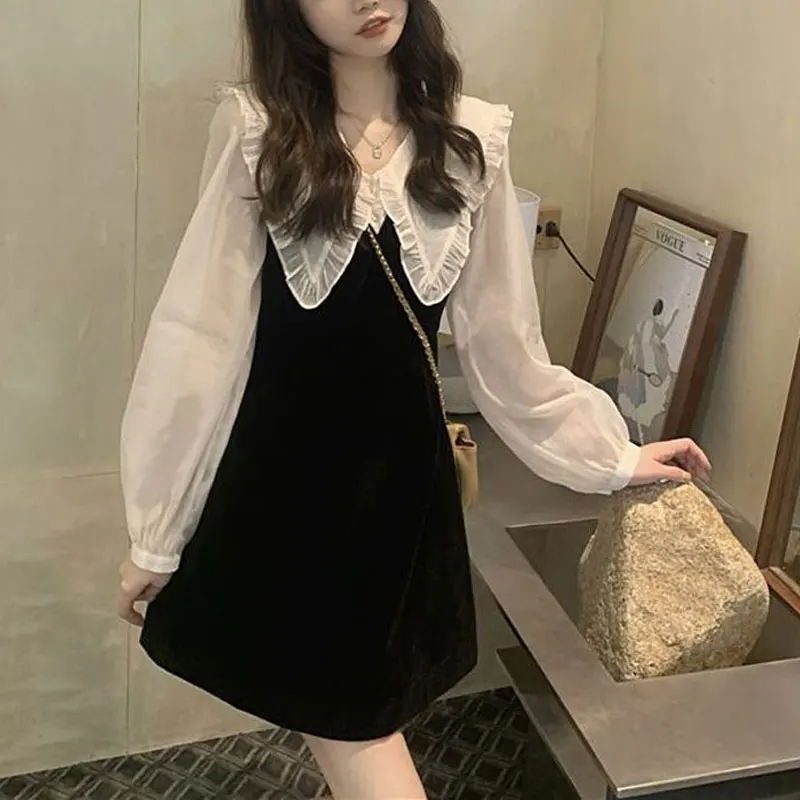 Fake Two Pieces Doll Collar Mini Dress Spring Autumn Patchwork Long Sleeve Women\'s Clothing Korean A-Line Waist Basic Dresses