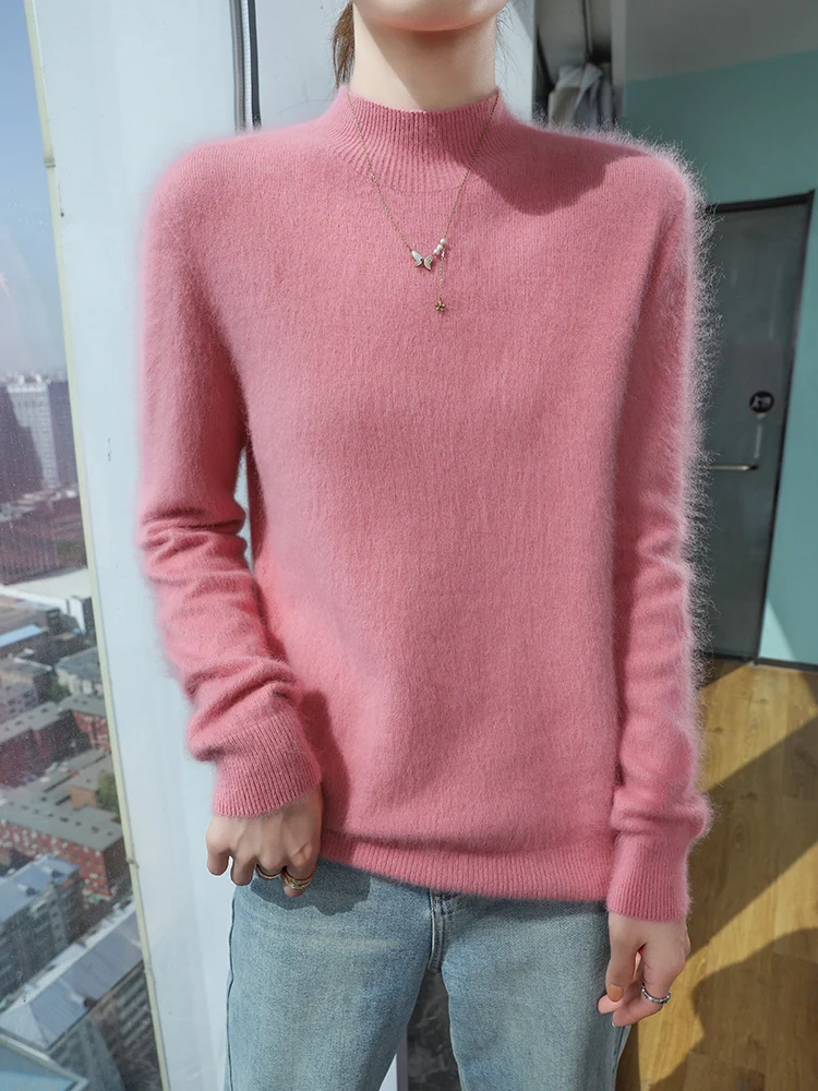 

Mini Star Women's Mock Neck 100% Mink Cashmere Pullovers Sweater Long Sleeve Knitted Solid Basic Autumn Winter Clothing Tops New