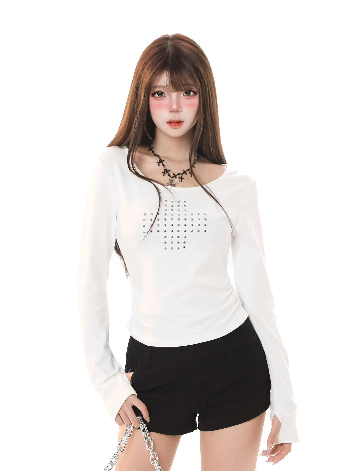 

Женская приталенная футболка с длинным рукавом и U-образным вырезом, короткий дизайн, высокая талия, хлопок, удобная, дышащая, в корейском стиле