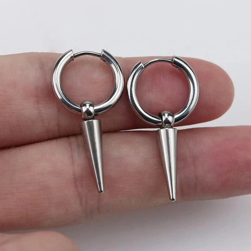 2pcs Rock Cone Pendant Hoop Earrings Female Men Stainless Steel Geometric Cartilage Single Earring Hip Hop Piercing Jewelry