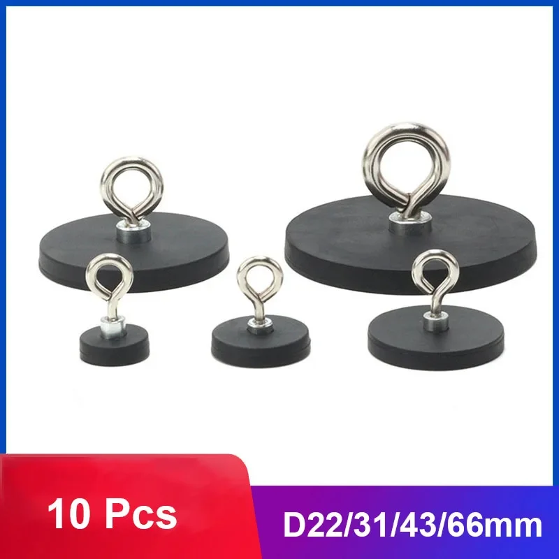 10Pcs D22/31/43/66mm Round Rubber-Coated Magnet Hook Strong Neodymium Magnets Fishing Rubber Coated Lifting Ring Magnets Hooks