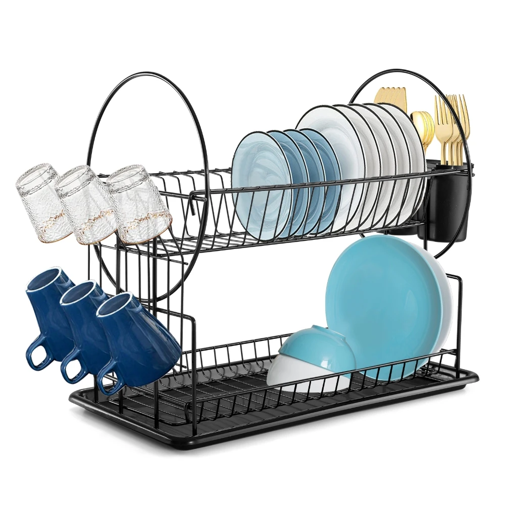 2 Layer Dish Drainer Rack with Drip Tray Chopsticks Utensils Holder Kitchen Organizer Tableware Drying Storage Shelf 23x36x42cm