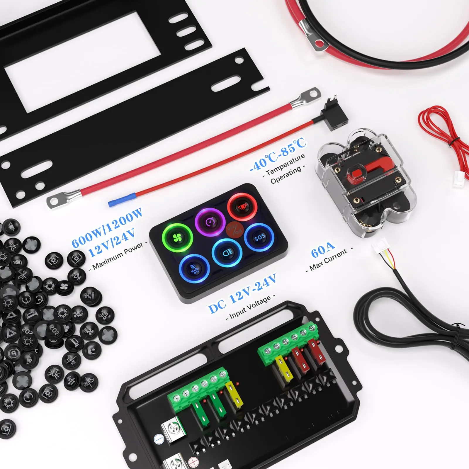 Painel de interruptores IP68 60A à prova d'água 12V 6 Gang Touch Switch Box 4 modos 8 cores Backlight Caixa de relé automotivo multifuncional