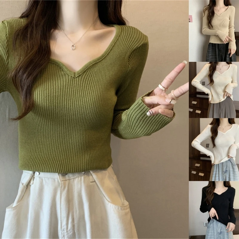 

Women Winter Skinny Sweater Solid Color Knitted V-Neck Bottoming Shirts Autumn Casual Long Sleeve Stretchy Bodycon Undershirt