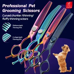 Fenice Professional 7.0/7.25/7.5 Inch JP440C Colorful Dog Grooming Shears Curved Thinning Chunker Scissors for Dog Face Body