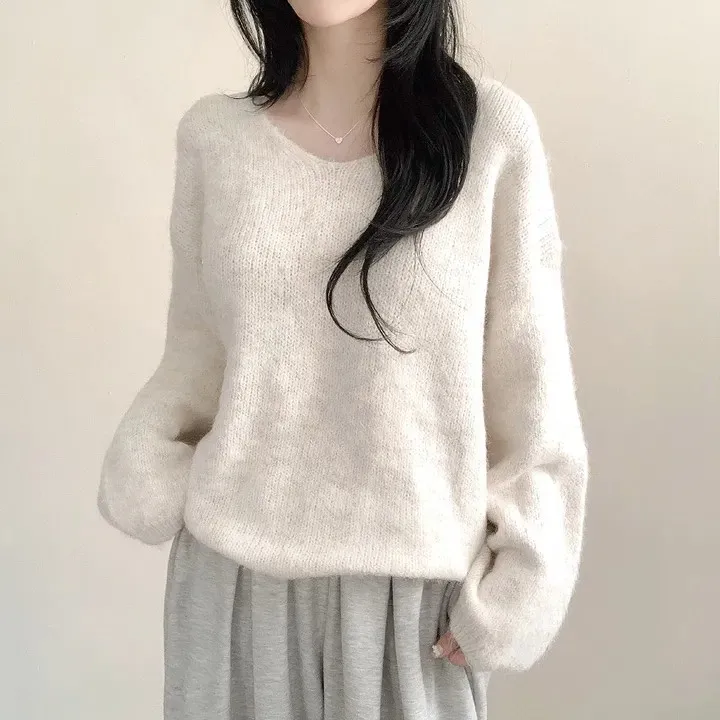 

Шикарный осенне-зимний меховой трикотаж, свободный женский повседневный универсальный простой свитер с v-образным вырезом, длинный светящийся полиэфирный волокно, стандартный крой
