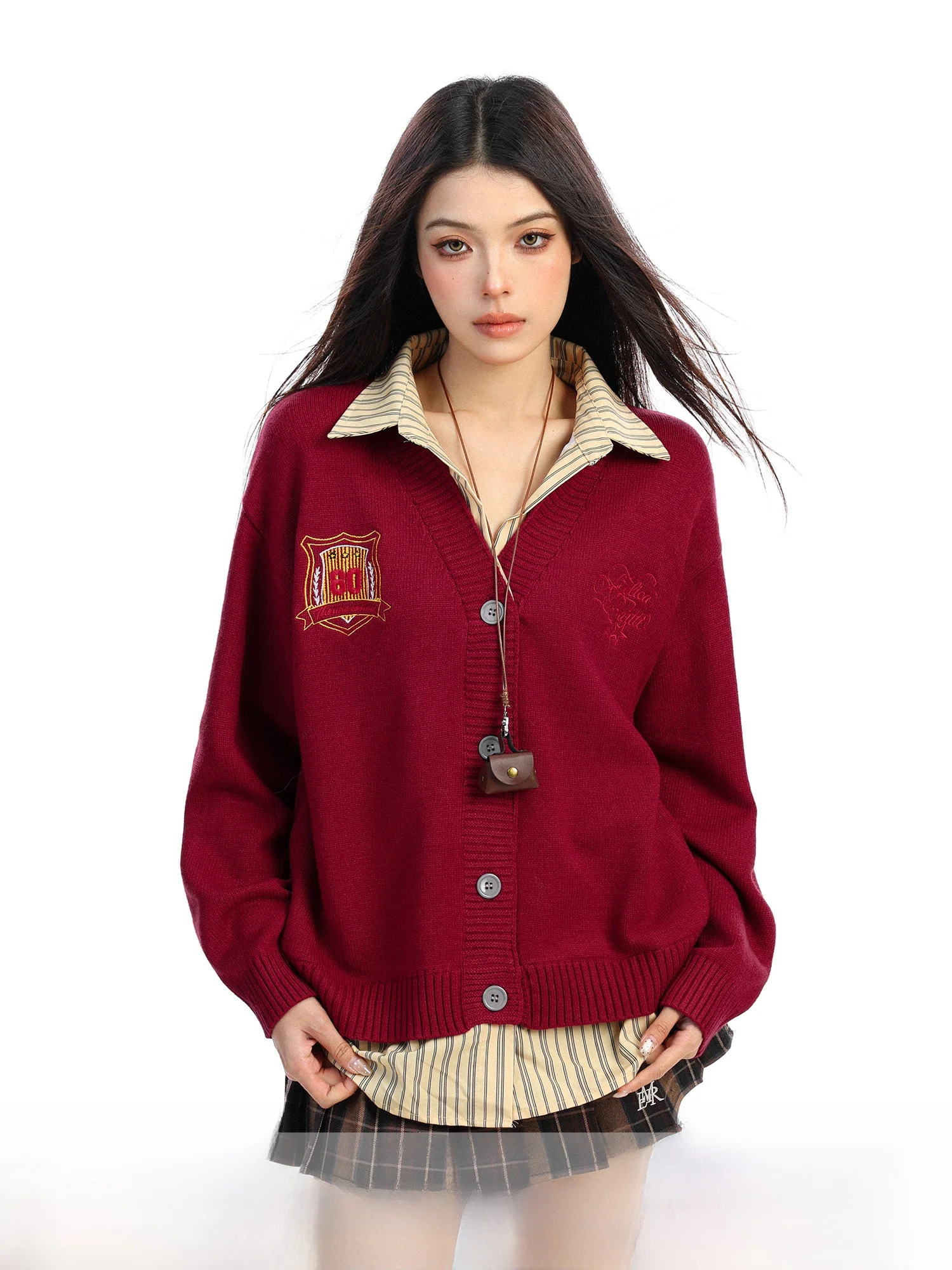 

Red New Year Embroidered Striped Sweater Women's Autumn Winter College Sle Open Cardigan Outerwear Fake Two-Piece Knittedwear
