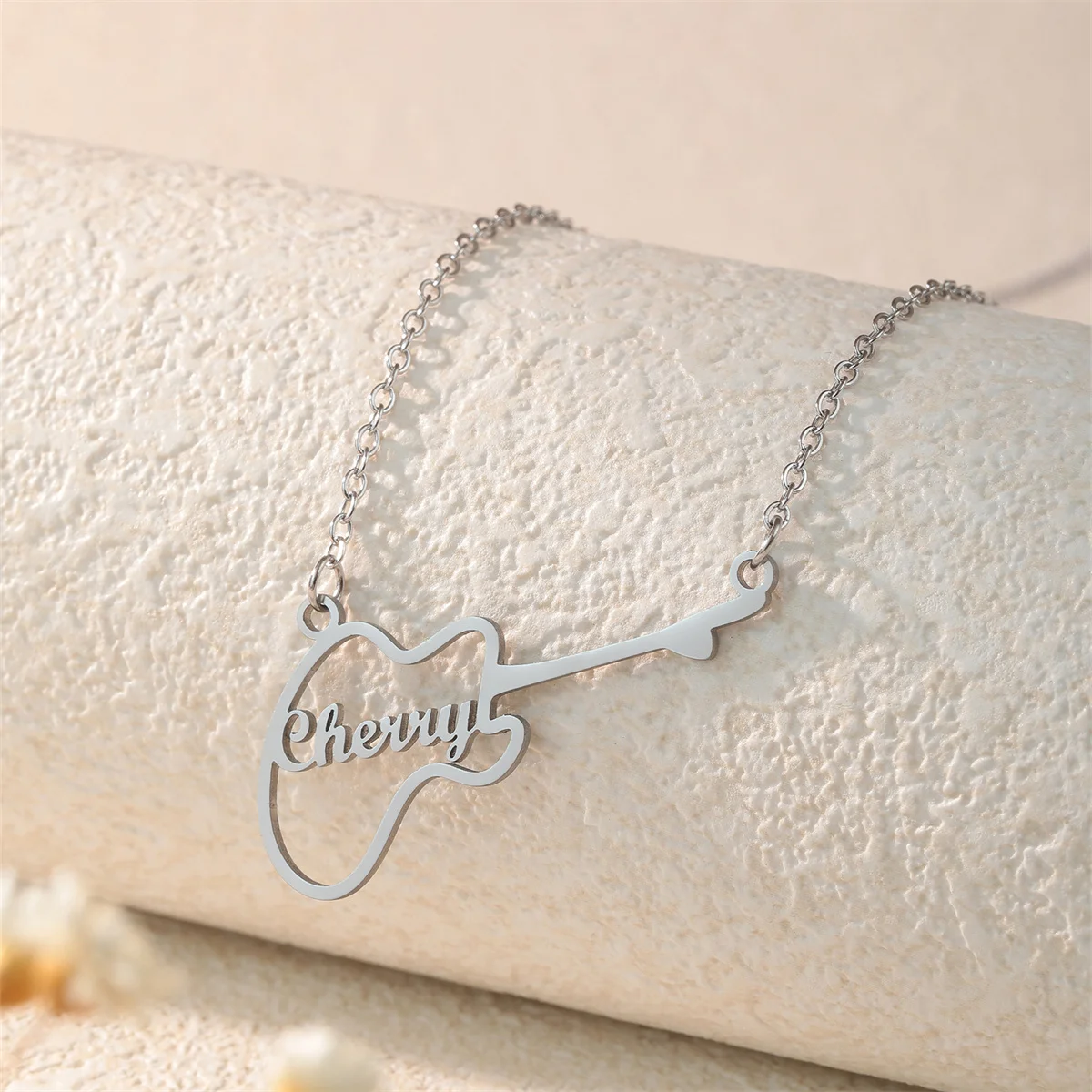 Custom Name Necklace, Cute Guitar Pendant, Personalized Stainless Steel Jewelry for Women Gift Music Instrument