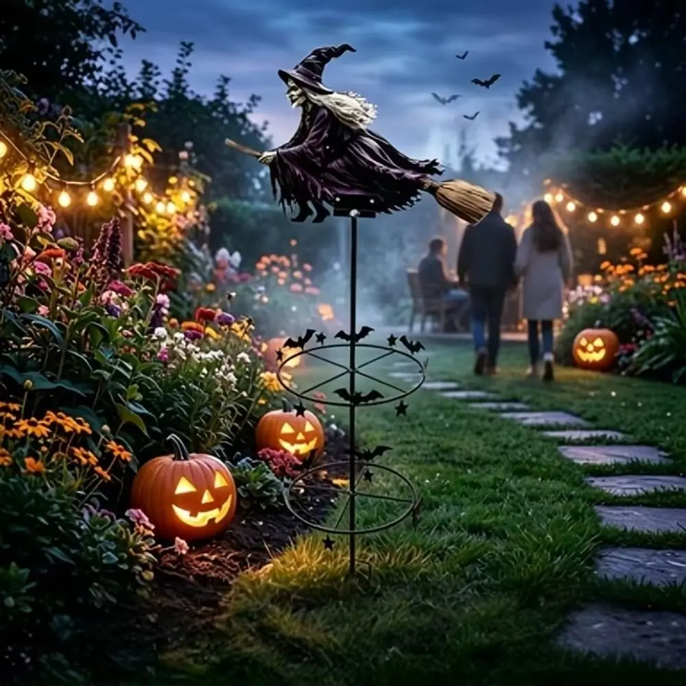 Witch and Bat Pattern Halloween Witch Garden Windmill Metal Halloween Yard Art Outdoor Decor Outdoor Garden Stake Decoration