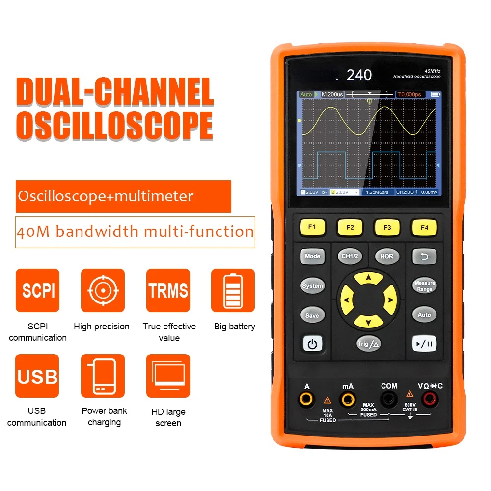 go yojo DECCA 240 Handheld Digital Automotive Oscilloscope Multimeter Two Channel 40MHz Bandwidth 125MSa/s Sampling 3.5inch OEM