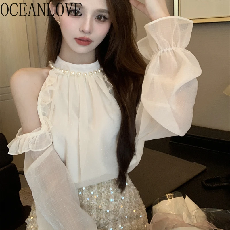 OCEANLOVE Batwing Sleeve Women Shirts Solid V Neck Ruffles Japan Style Summer Blouses Vintage Elegant Work Fashion Blusas Mujer