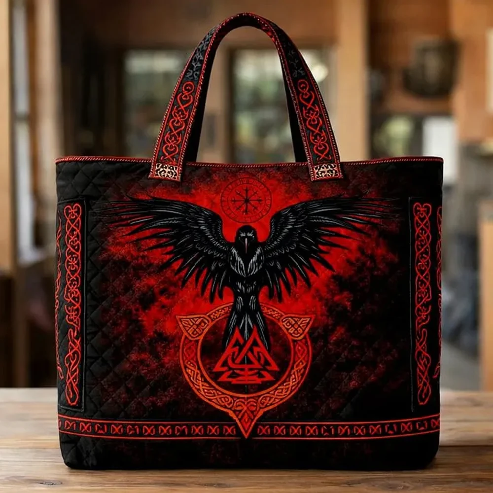 Viking Raven Print Quilted Tote Women Daily Shoulder Bag Norse Mythology Patchwork Handbag For Shopping