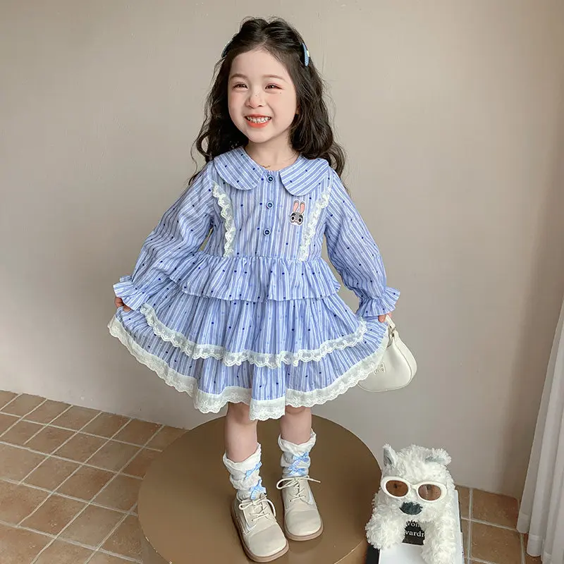

Disney Judy Girls' Dress 2026 New Patchwork Striped Lapel Shirt Dresses Korean Style Children's Lace Long Sleeves Dresses