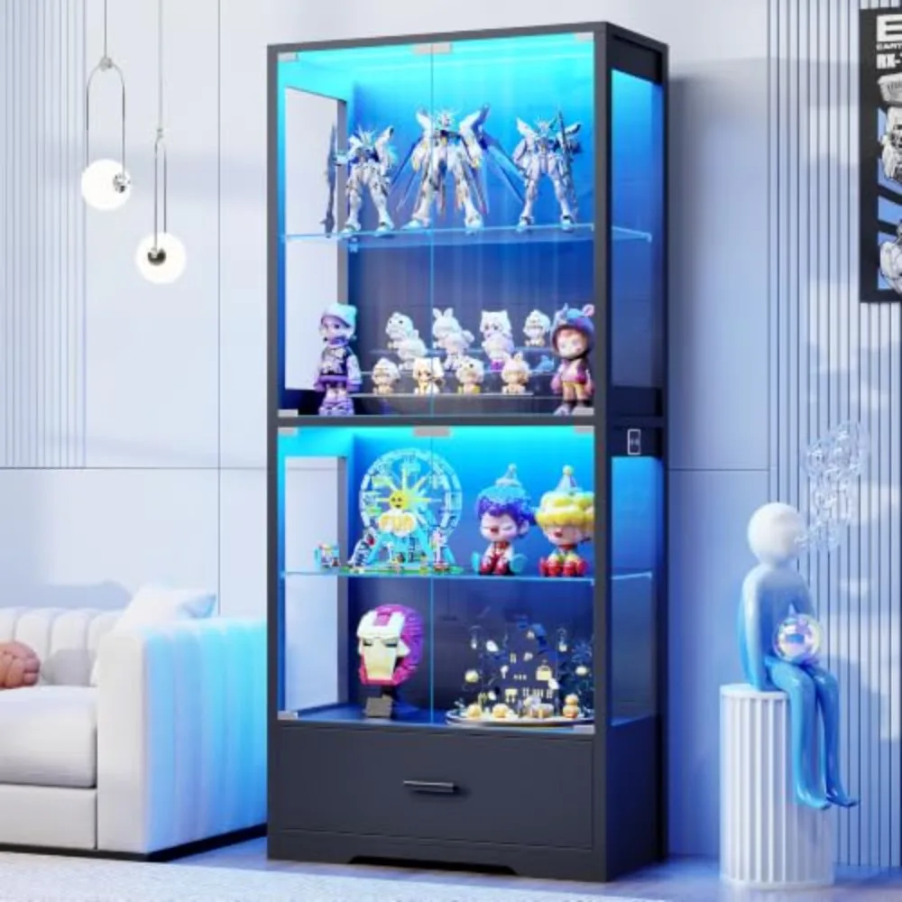 4-Tier Display Cabinet with Glass Doors and Drawer for Collectibles | Glass Display Case with 3-Color Lights & Human