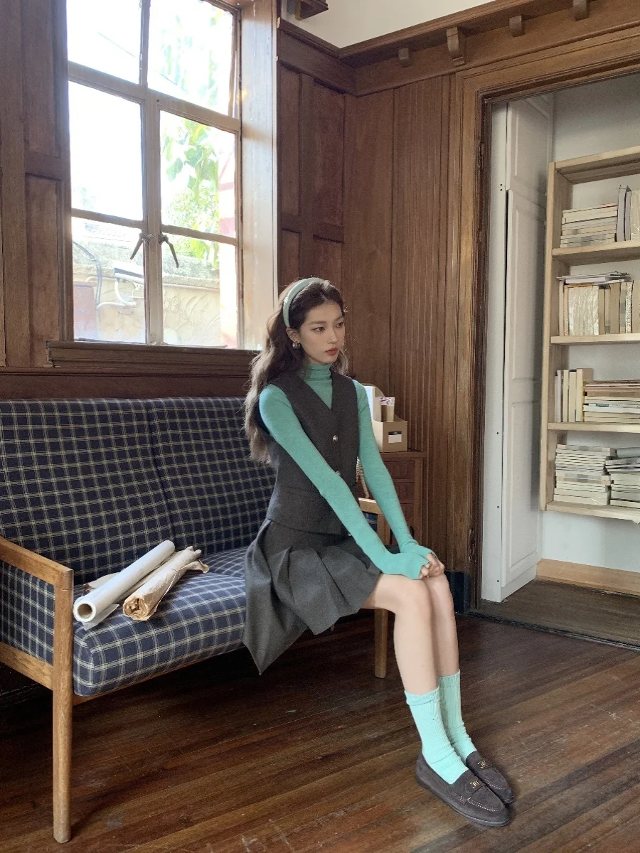 

Модный зимний шерстяной костюм SourceWithU для художественной академии: комплект с юбкой и тренчкотом, элегантный, с V-образным вырезом, короткий рукав