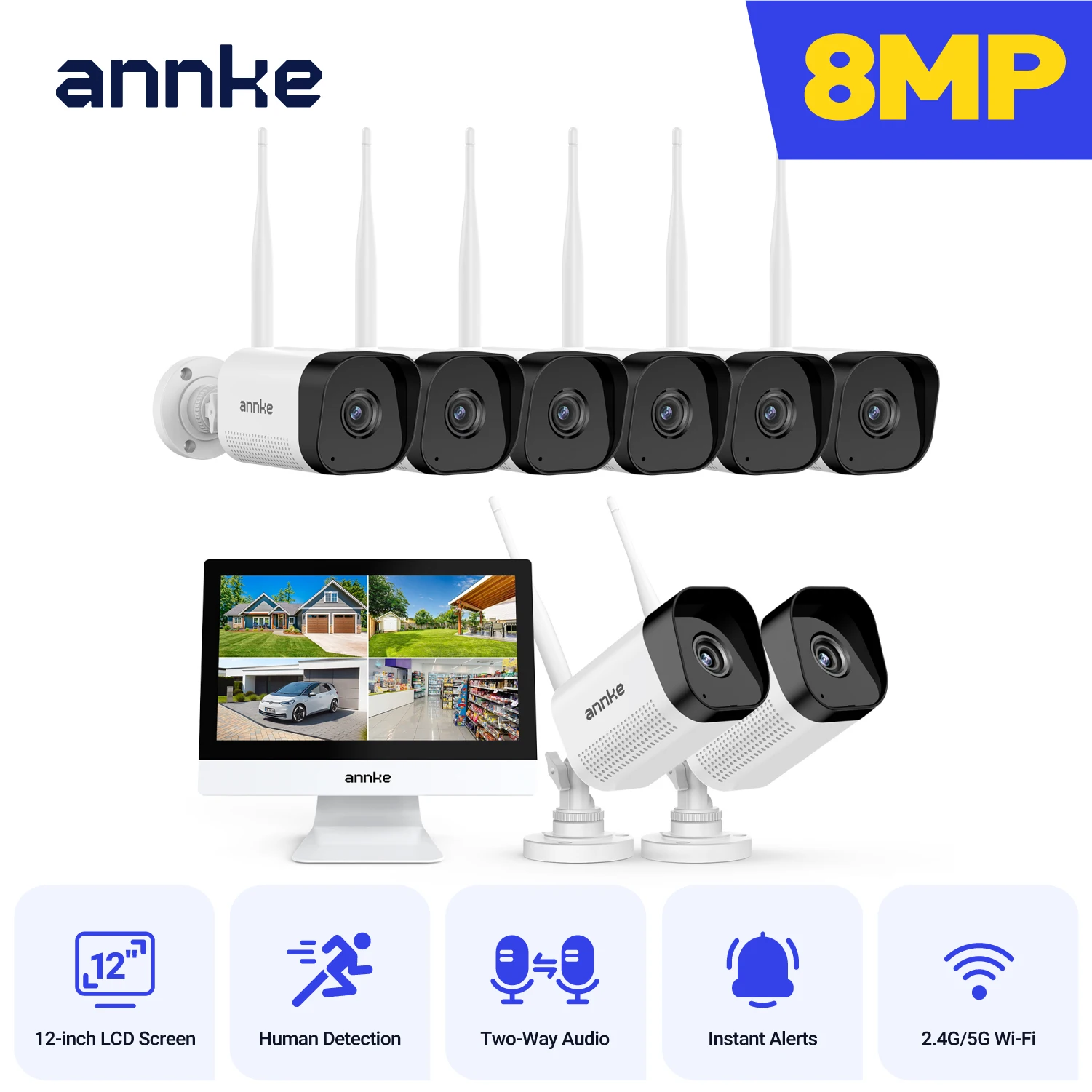 ANNKE 4K Wireless Security Kit with 12‑Inch Built‑in LCD Monitor, 8MP Ultra‑HD IP66 Weatherproof Wifi Cameras, Dual‑Band WiFi Pro Two‑Way Audio, Smart Human Detection, H.264+ Compression Plug‑and‑Play for Home or Business