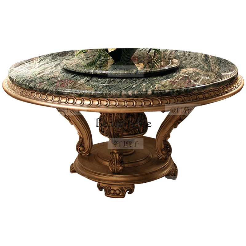 European solid wood marble dining table round dining table with turntable luxury