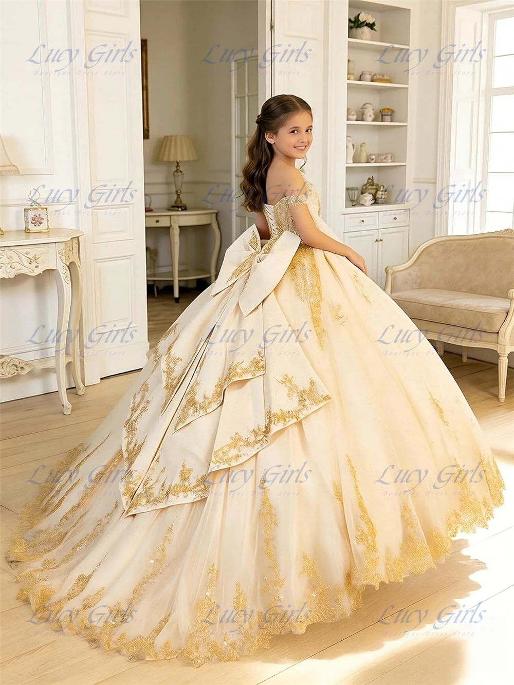 Champagne Sequin Applique Flower Girl Dress Gold Lace Pageant Dresses for Girls with Bow Off Shoulder First Communion Dresses image 4
